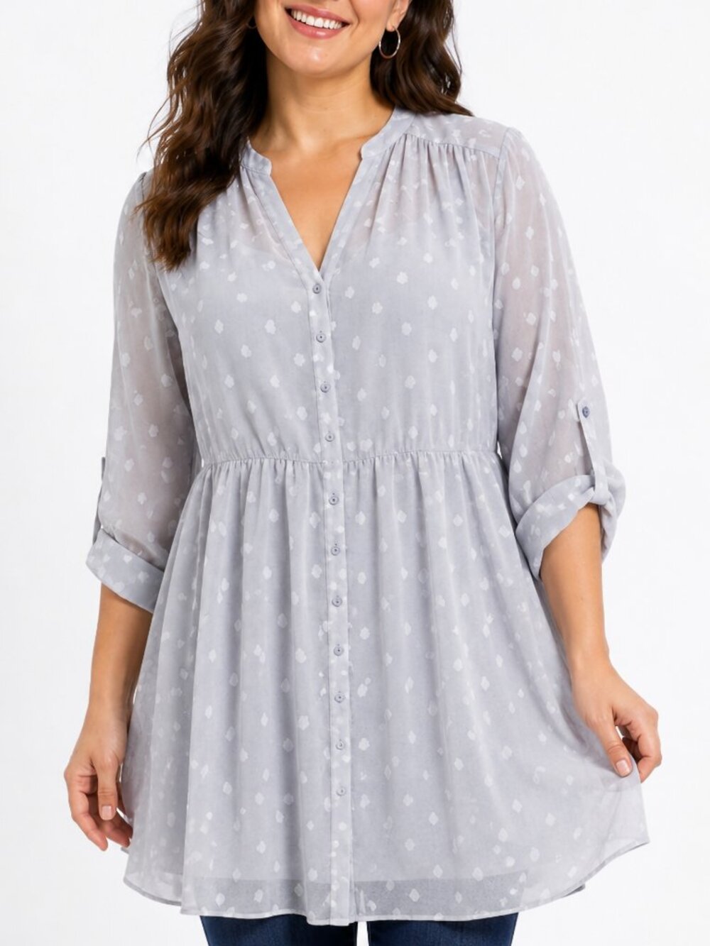 Torrid Sheer Polka Dot Tunic Top 3X Gray Chiffon Button Front Plus Blouse